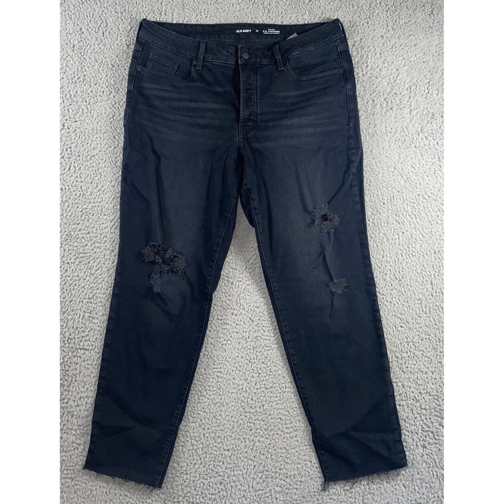 Old Navy‎ O.G. Straight Jeans Women 14 Blue High Rise Distressed Raw Hem Edgy